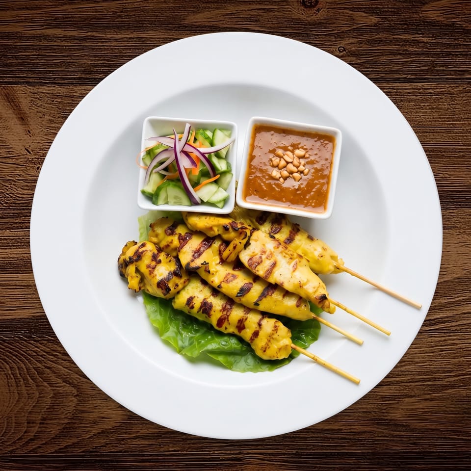 Grilled yellow chicken satay skewers served on lettuce with cucumber salad, sliced onions, and peanut dipping sauce.