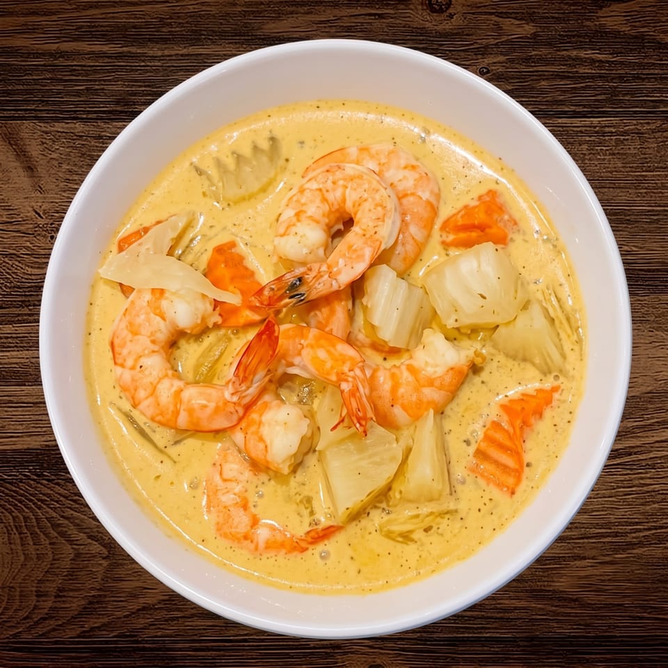 Bowl of shrimp and vegetables in a creamy yellow herb sauce on a dark wooden table.
