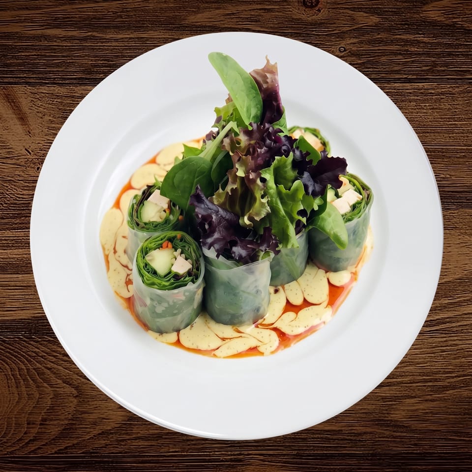Fresh vegetable spring rolls with leafy greens arranged on a white plate over creamy orange sauce.