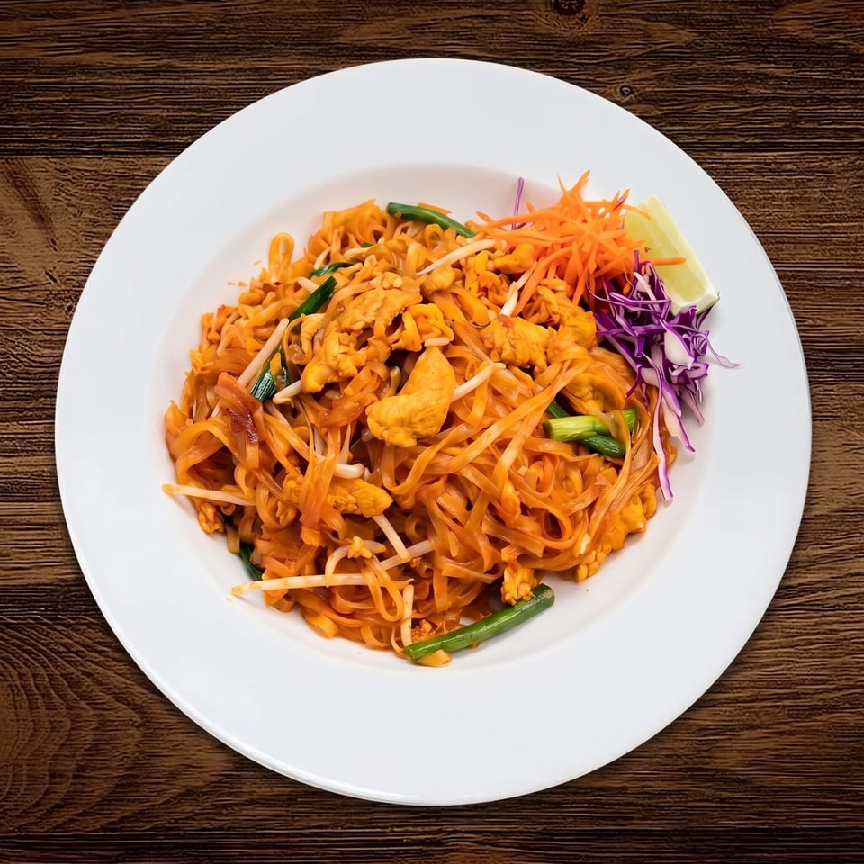 Thai-style stir-fried rice noodles with chicken, vegetables, bean sprouts, shredded carrot, and purple cabbage on a white plate.