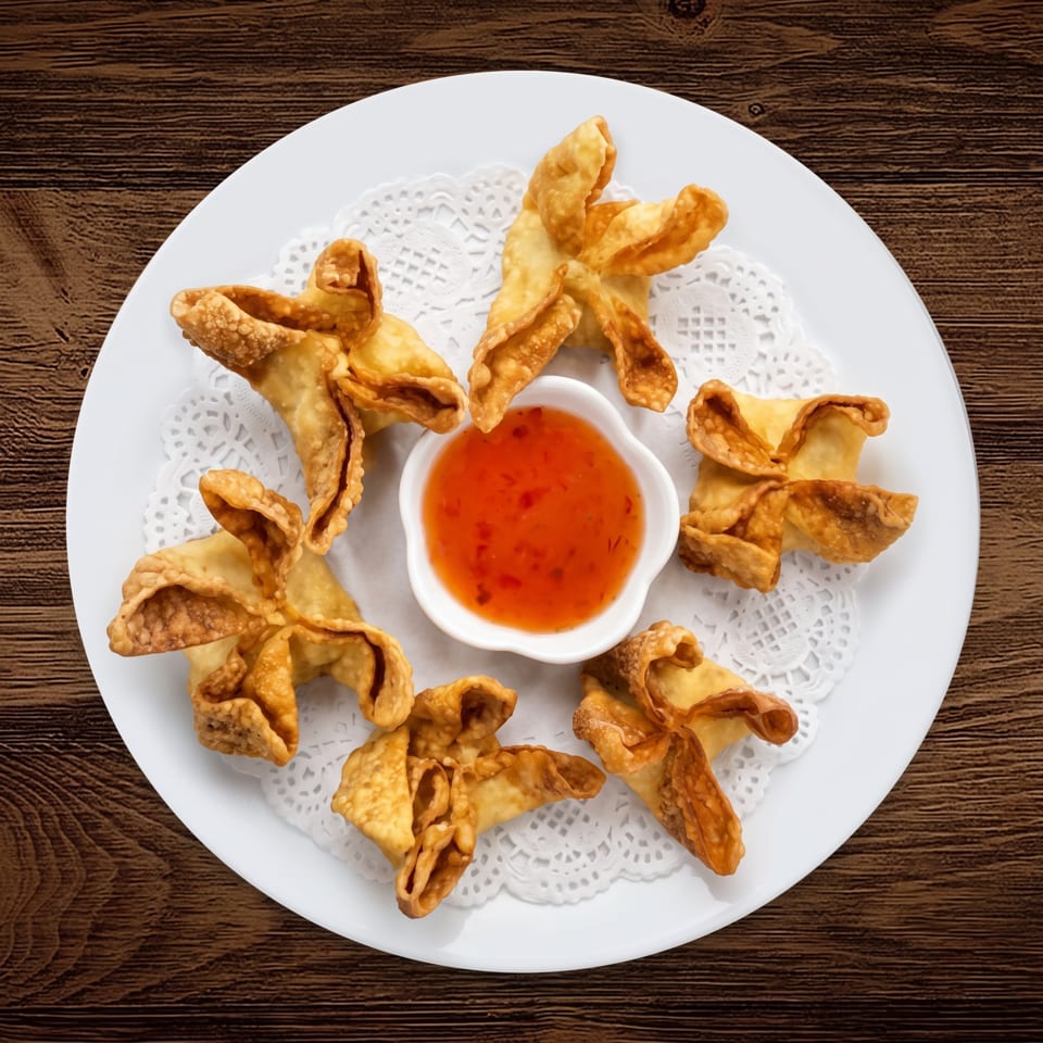 Crispy fried wontons arranged around a bowl of sweet chili dipping sauce on a white plate.