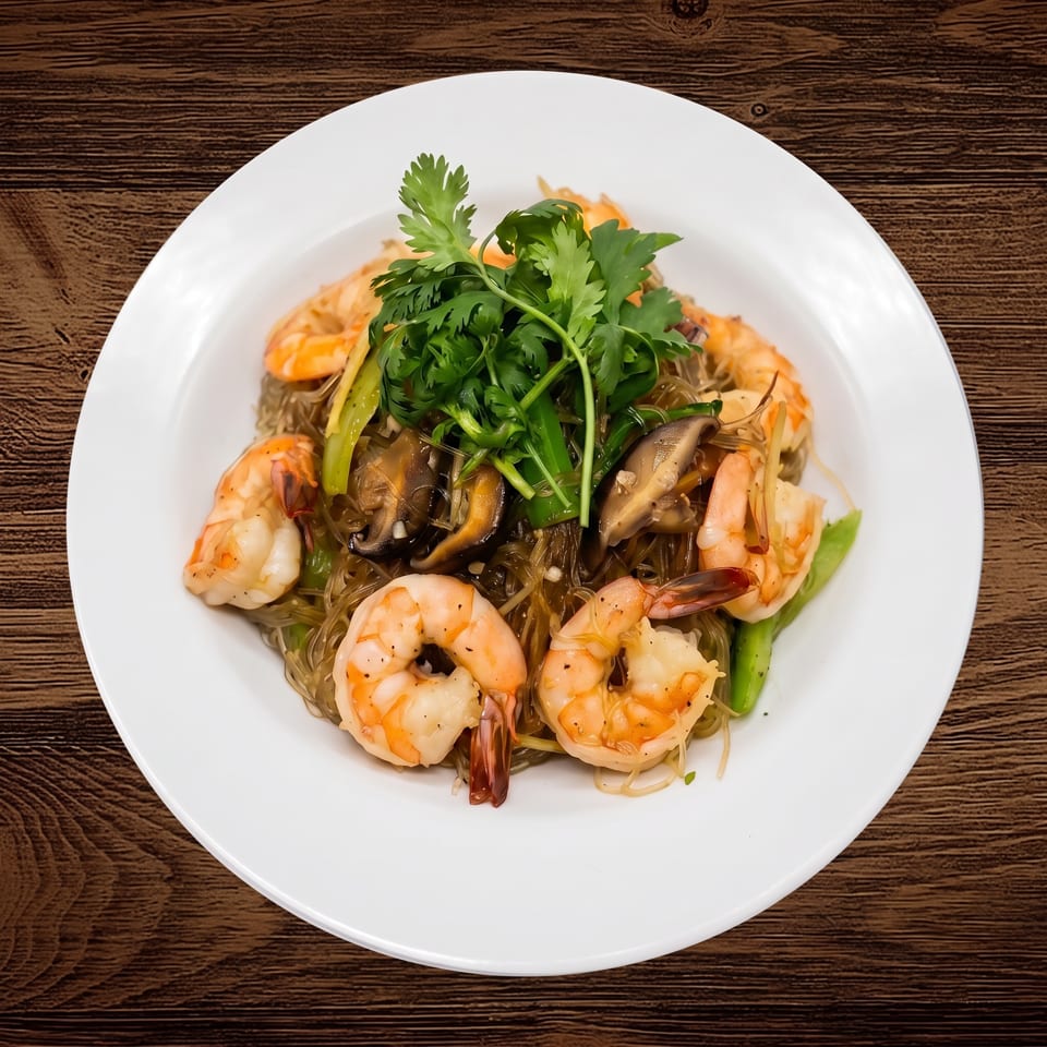 Plate of glass noodles with shrimp, mussels, mushrooms, vegetables, and fresh cilantro on a wooden table.