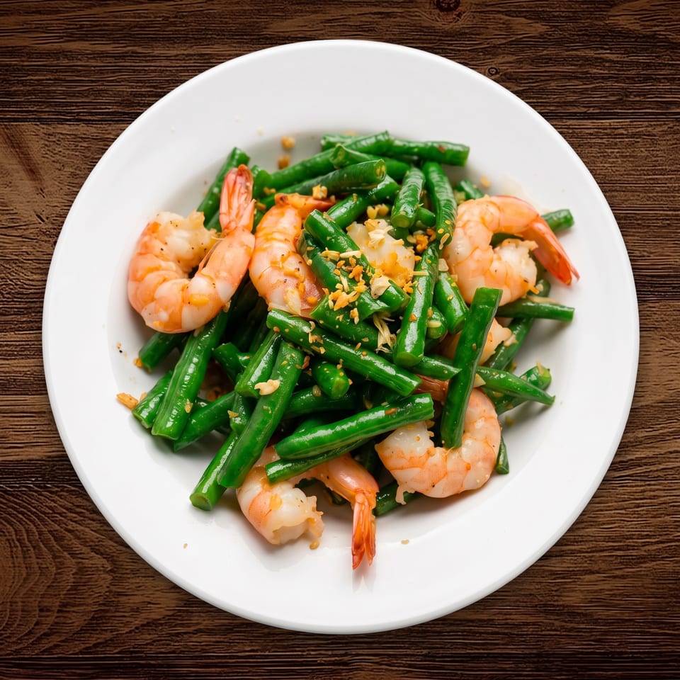 Sautéed green beans and shrimp topped with crispy garlic on a white plate over a wooden table.