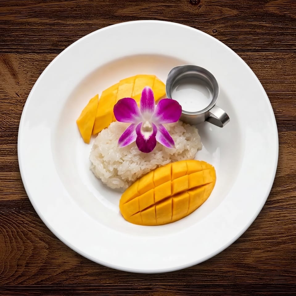 Thai mango sticky rice with sliced mango, coconut sauce, and a purple orchid garnish on a white plate.