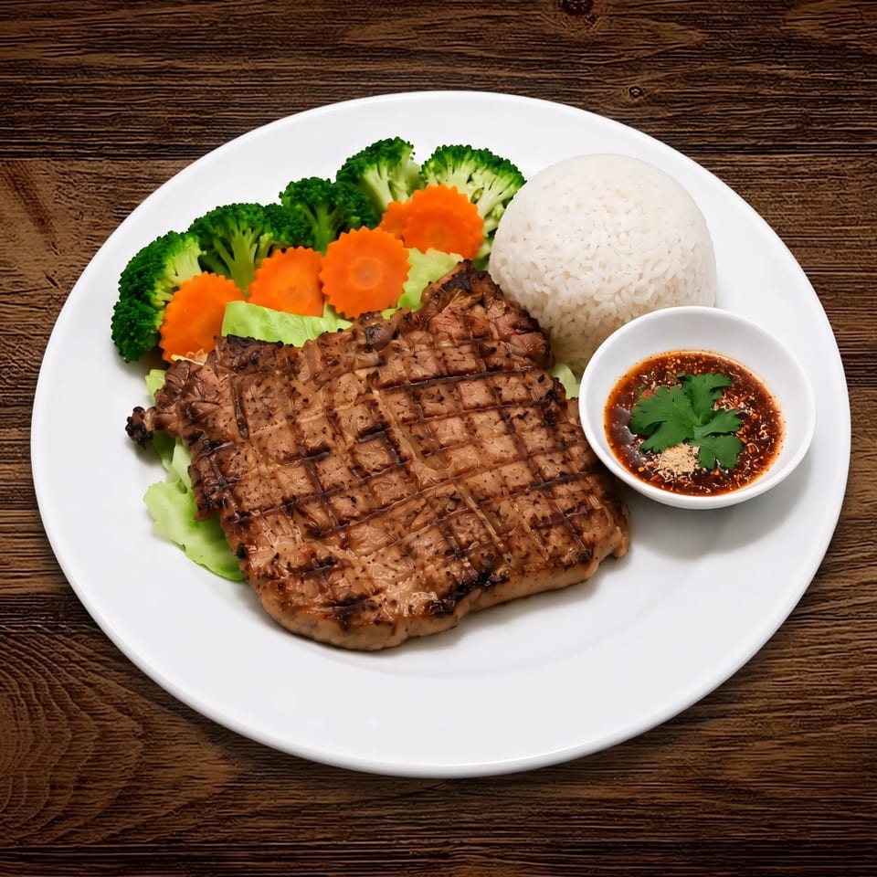 Grilled scored steak served with white rice, broccoli, carrots, lettuce, and a bowl of dipping sauce.