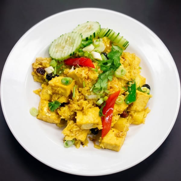 Curry fried rice with tofu, red peppers, cucumbers, and green onions on a white plate.
