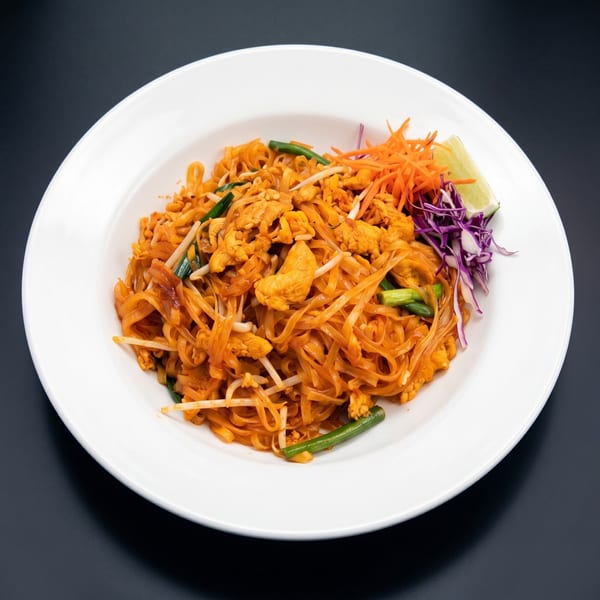 A white plate of chicken Pad Thai with shredded carrots, red cabbage, and a lime wedge.