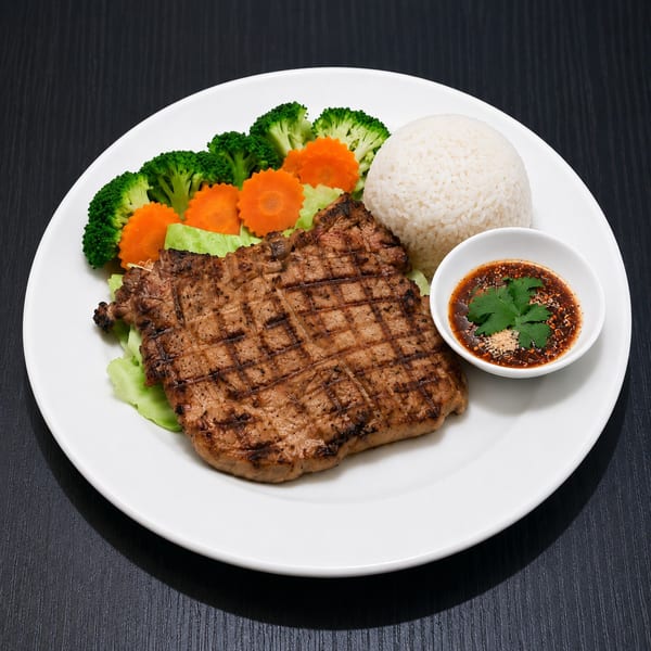 Grilled pork steak with rice, broccoli, carrots, and a spicy dipping sauce on a white plate.