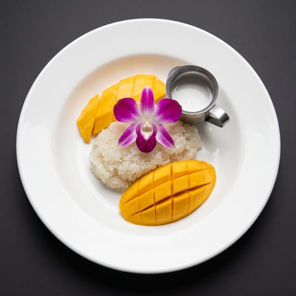Mango sticky rice dessert with a purple orchid and a small pitcher of coconut milk.