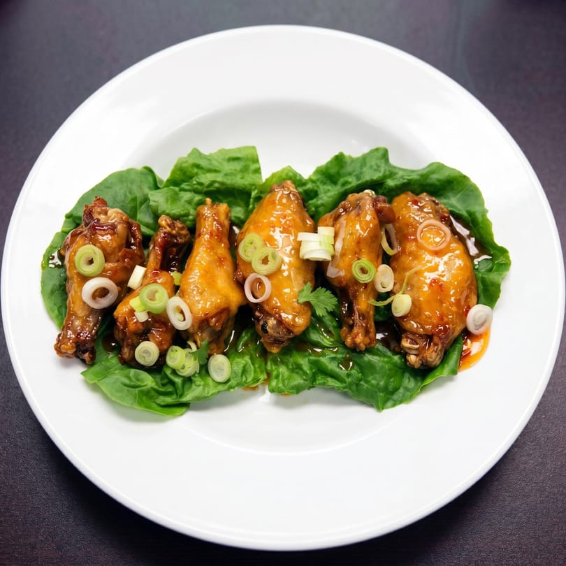 Five glazed chicken wings on a bed of green lettuce, garnished with sliced scallions.