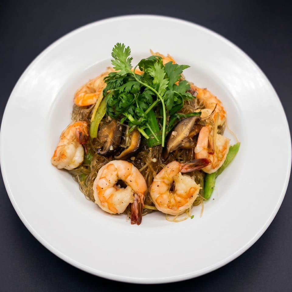Glass noodles with shrimp, mushrooms, and green vegetables, garnished with fresh cilantro on a white plate.