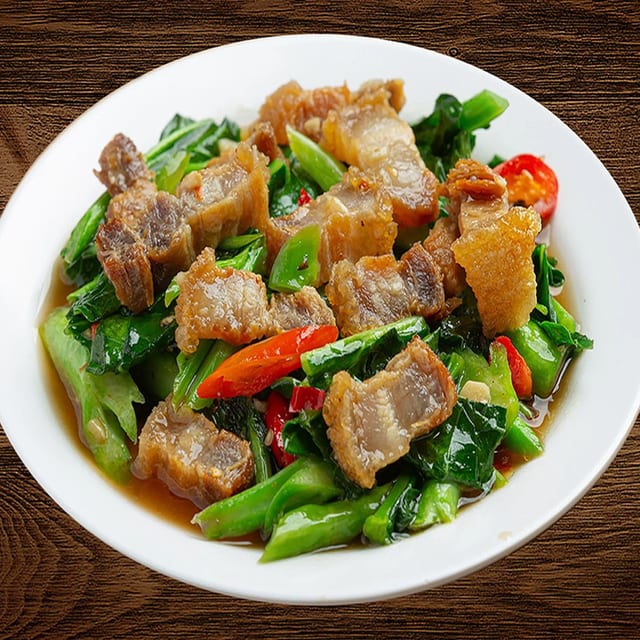 Chinese Broccoli, Crispy Pork and Rice.