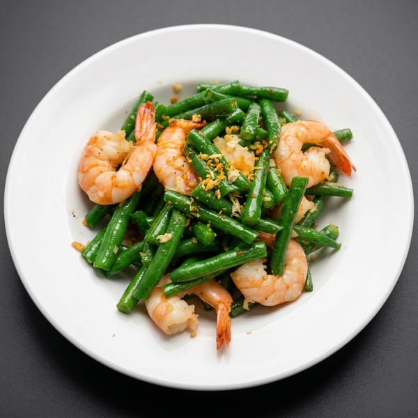 A white plate holds green beans and shrimp, garnished with fried garlic bits.