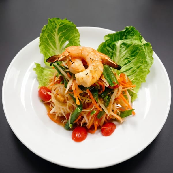 Som Tum, a Thai papaya salad with shrimp, green beans, tomatoes, and peanuts on a white plate.