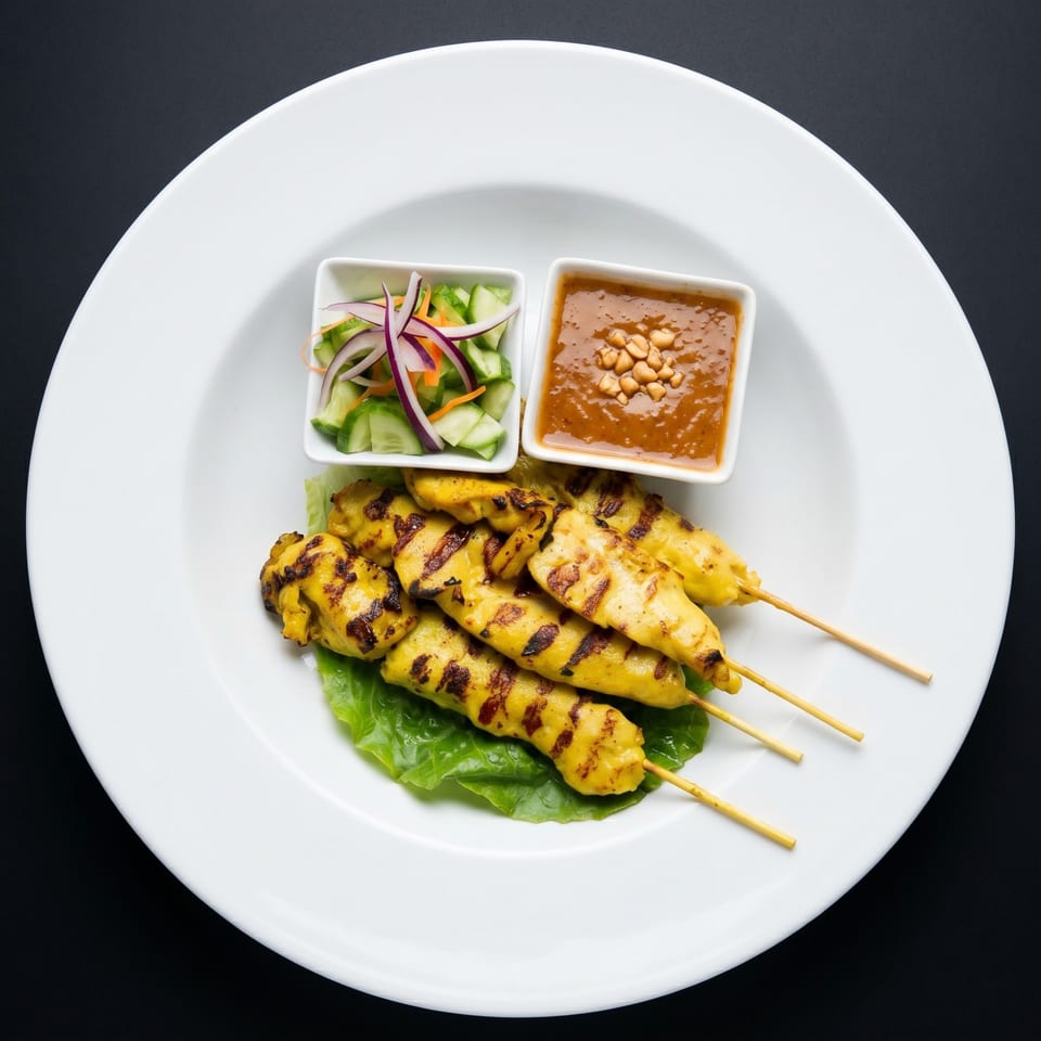 Grilled chicken satay skewers with peanut sauce and cucumber salad on a white plate.